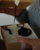 Close-up of EEMedallion White Jade and EEMedallion Black Obsidian in a box, held by a hand.