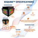 EEQUBE™ specifications infographic with dimensions, power, weight, temperature, and sound details.